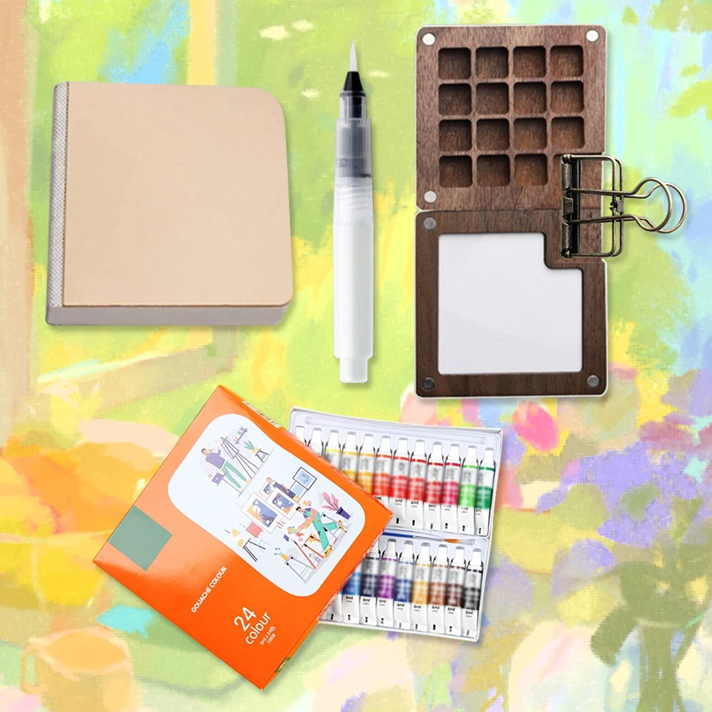Travel Paint Palette Pocket Artist Watercolor Set with Clip Portable Watercolor Set Wooden Grid Paint Box 3