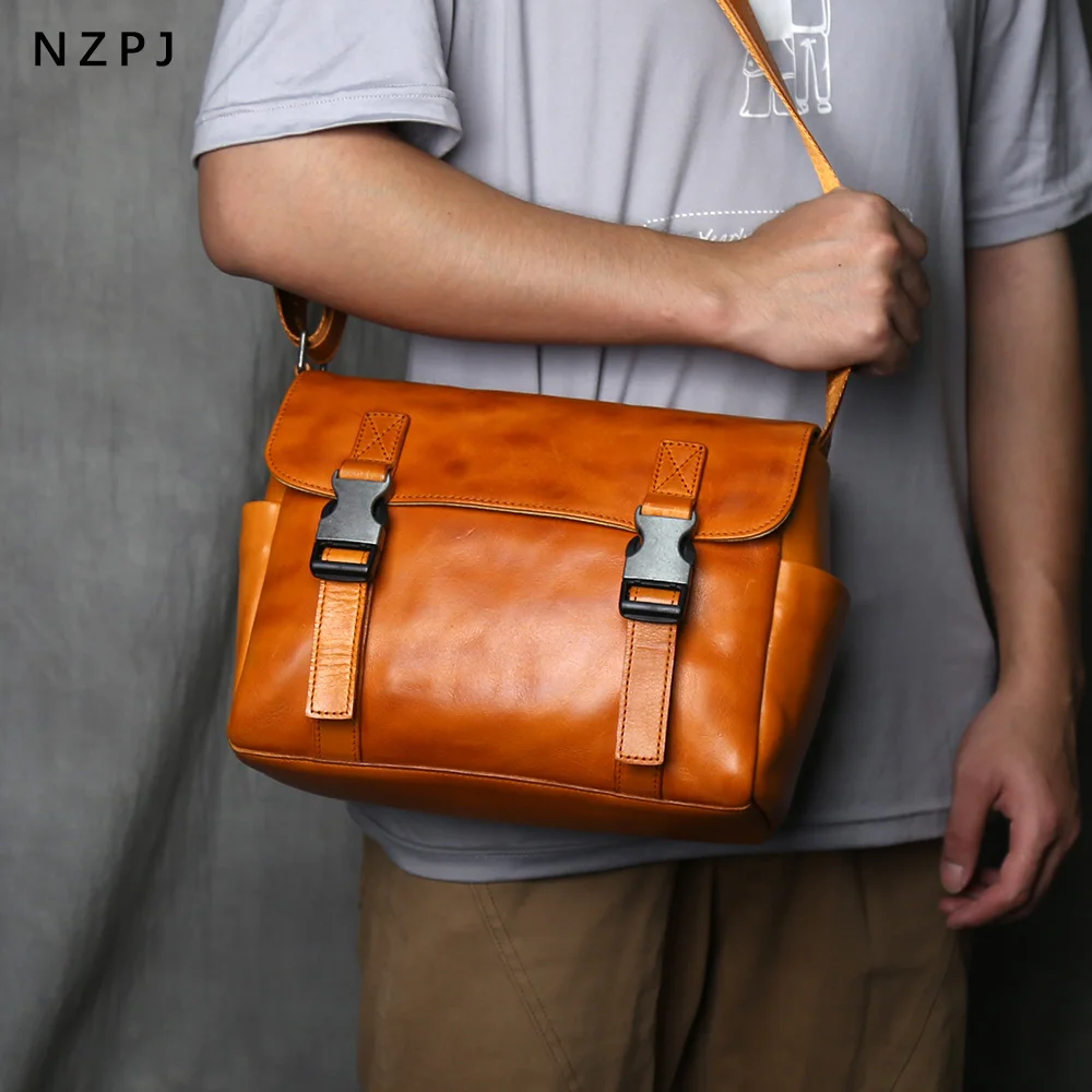 NZPJ Men's Vintage Genuine Leather Shoulder Bag Top Layer Cowhide Crossbody Bag Casual Men's Bag For 10-Inch IPad