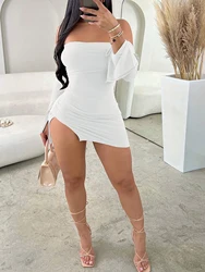 Elegant Women's Black Strapless Off-Shoulder Bodycon Mini Dress with Long Sleeves - L (Beige)