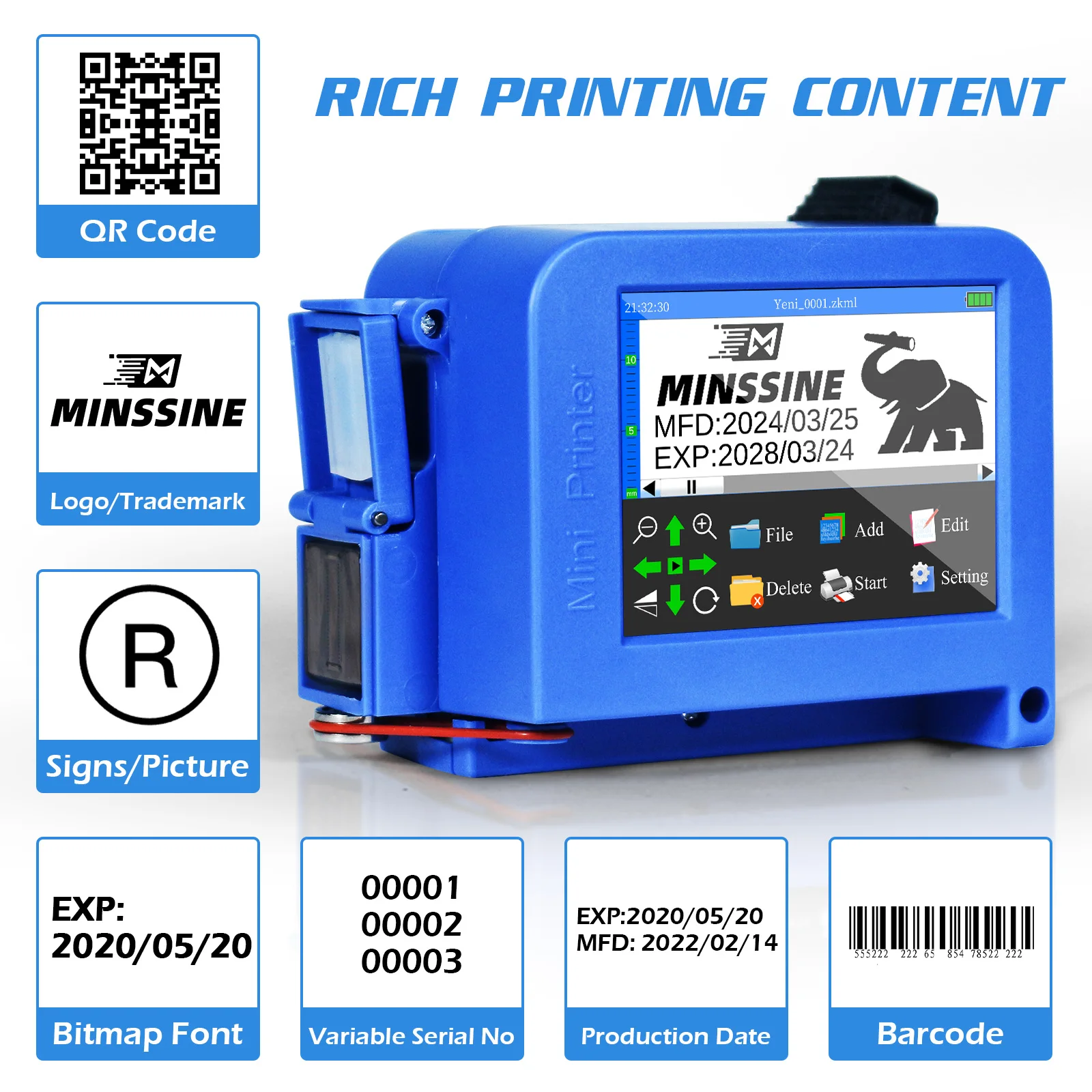 휴대용 미니 핸드헬드 잉크젯 프린터, QR 바코드 배치 날짜 번호 로고 만료 날짜 미니 프린터, 12.7mm 깍지, 2.8 인치
