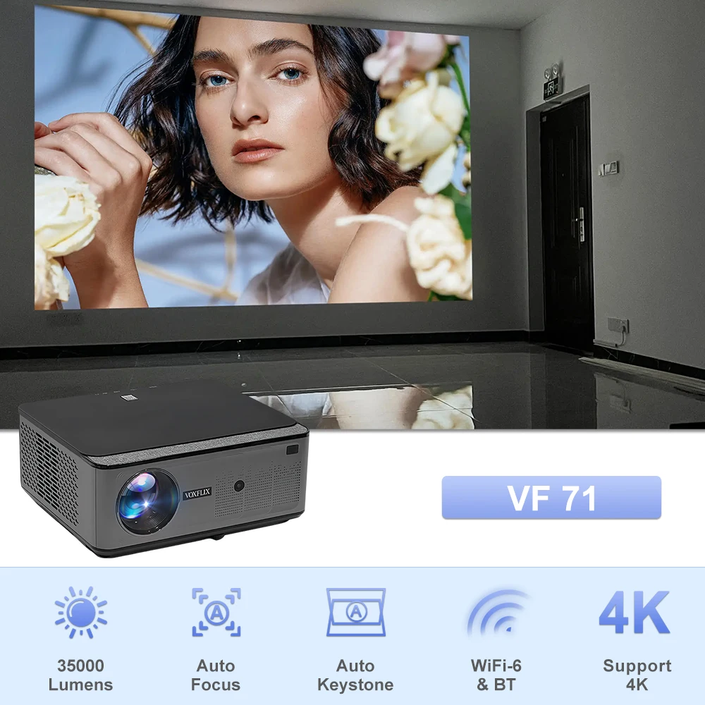 Voxflix VF71 1080P 프로젝터, 4K 디코딩 지원, 35000 루멘, 안드로이드 비디오 빔, 홈시어터, 자동 초점 및 키스톤 보정