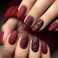 24Pcs Autumn Winter Matte Almond False Nails with Glue Rose Leaf Printing Nail Art Simple Full Cover Press on Acrylic Nails Tips 1