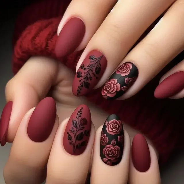 24Pcs Autumn Winter Matte Almond False Nails with Glue Rose Leaf Printing Nail Art Simple Full Cover Press on Acrylic Nails Tips 1