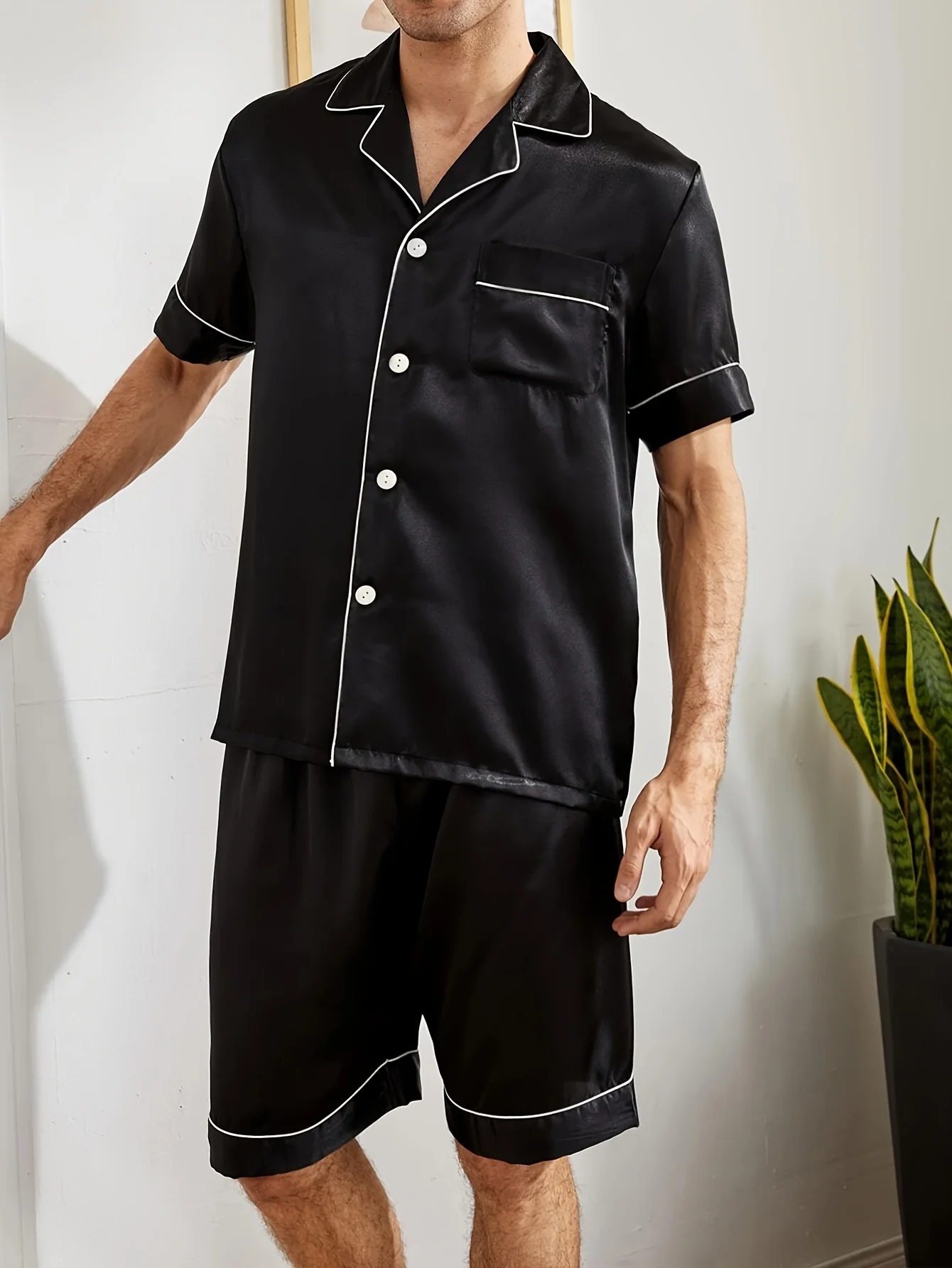 Men Pajamas1 Set of Solid Color Men's Short Sleeve Top + Shorts Pajama Set Homewear Sleeowear Nightwear