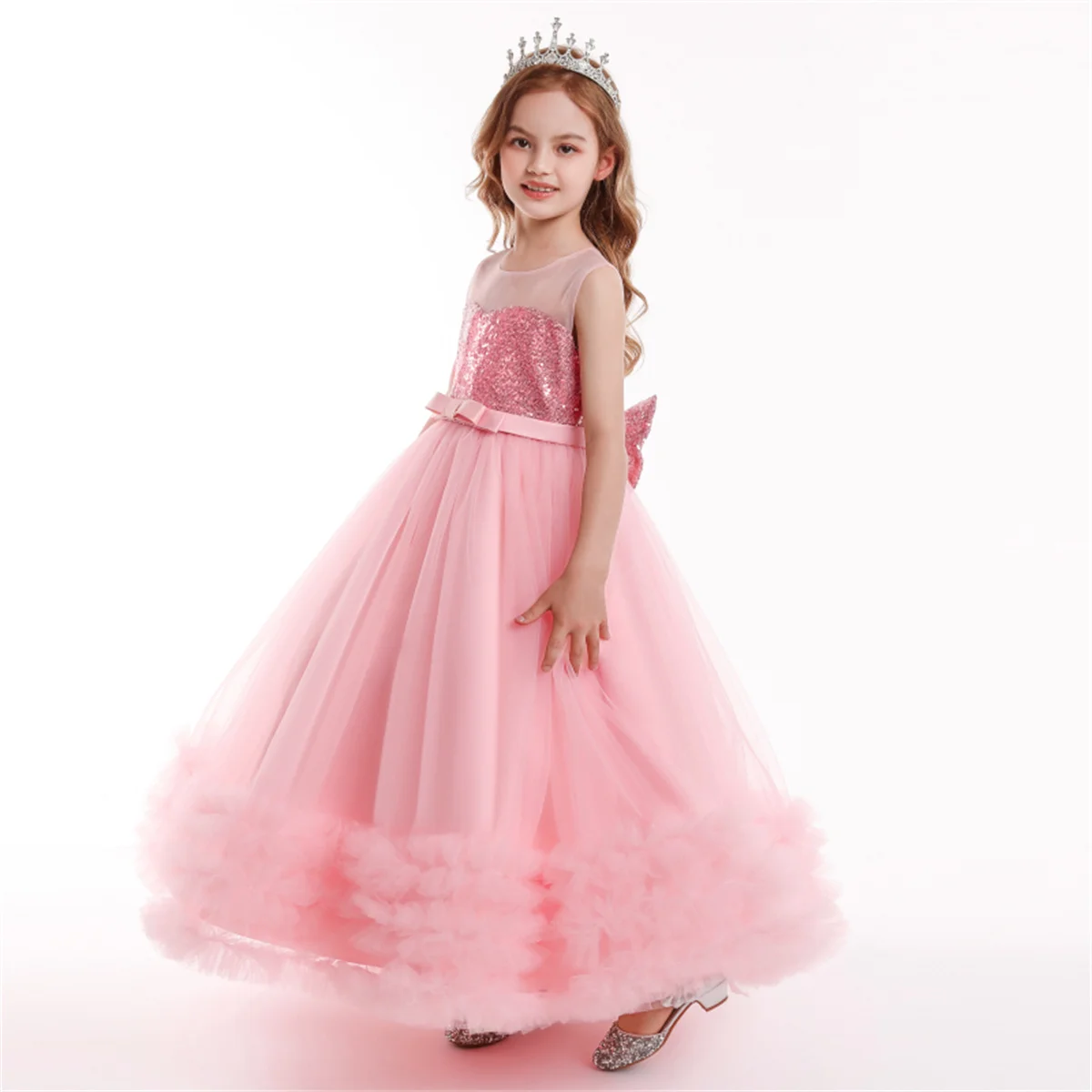 Elegant Pink Lace Mesh Flower Girl Dress - Princess Style Party & Wedding Attire