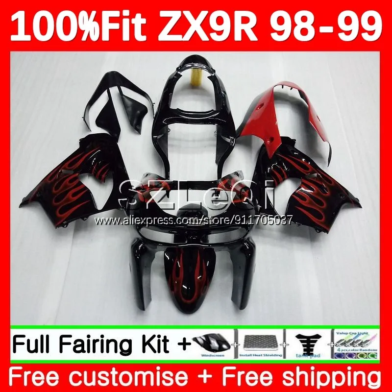 Красное пламя OEM Корпус для KAWASAKI NINJA ZX9 ZX 9R 9 R 900 CC 900CC ZX900 ZX9R 98 99 ZX-9R 1998 1999 инъекция