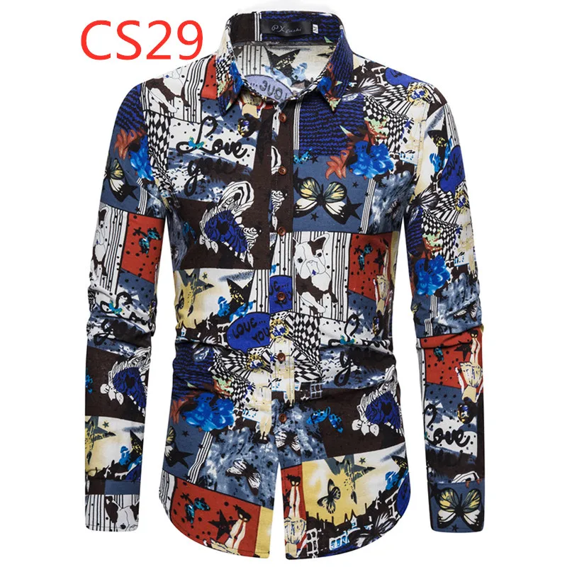 

New Style Shirt Youth National Wind Flower Color Printing Men's Leisure Long Sleeve Fashion Slim Fit Men's Large Shirt