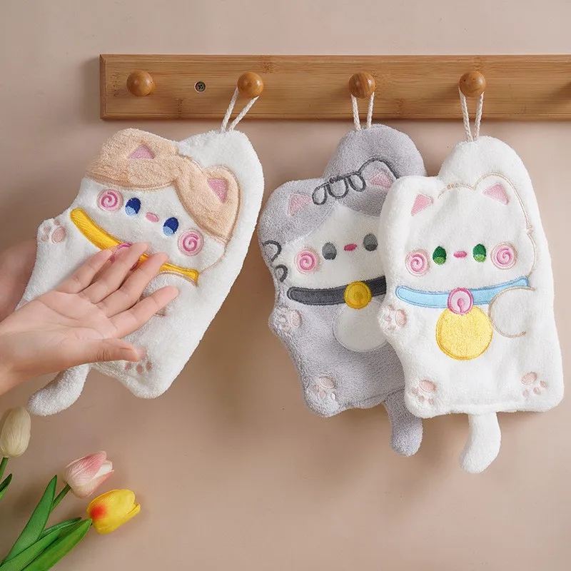 Cute Cat Hand Towel Quick Drying Kitchen Cleaning Rag Coral Velvet Cartoon Animal Absorbent Bathroom Hanging Towel Home Supplies