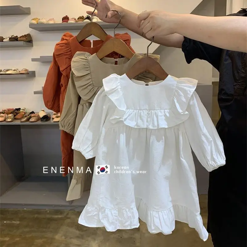 

Korean Cute Girls Long Sleeve Turn-Down Collar Party Princess Dresses Spring And Autumn New Loose Causal Kids Girl Clothing