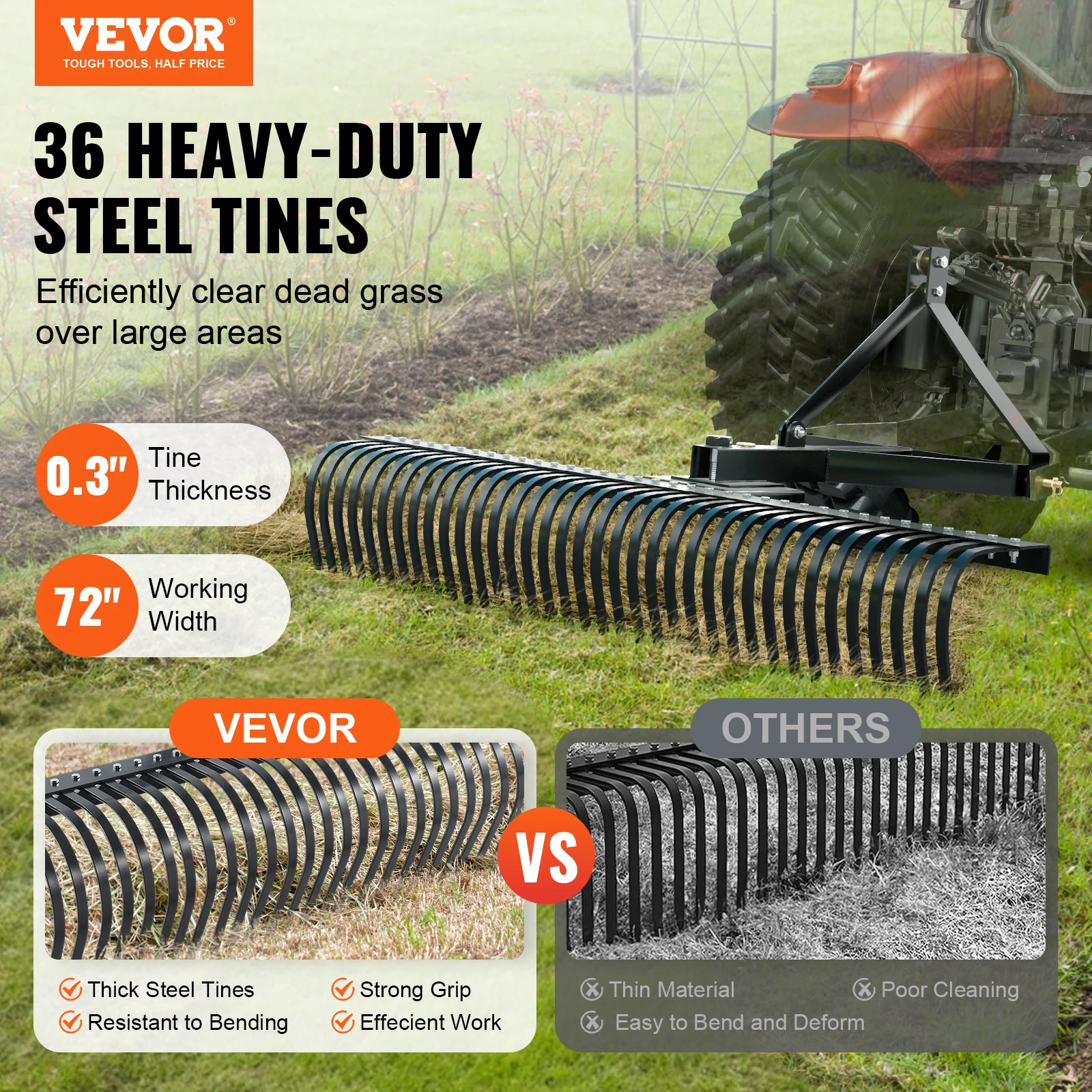 VEVOR Tow Behind Dethatcher 72-inch Tow Dethatcher with 36 Steel Tines 3-Point Lawn Dethatcher Rake with Attachments for Tractor 2