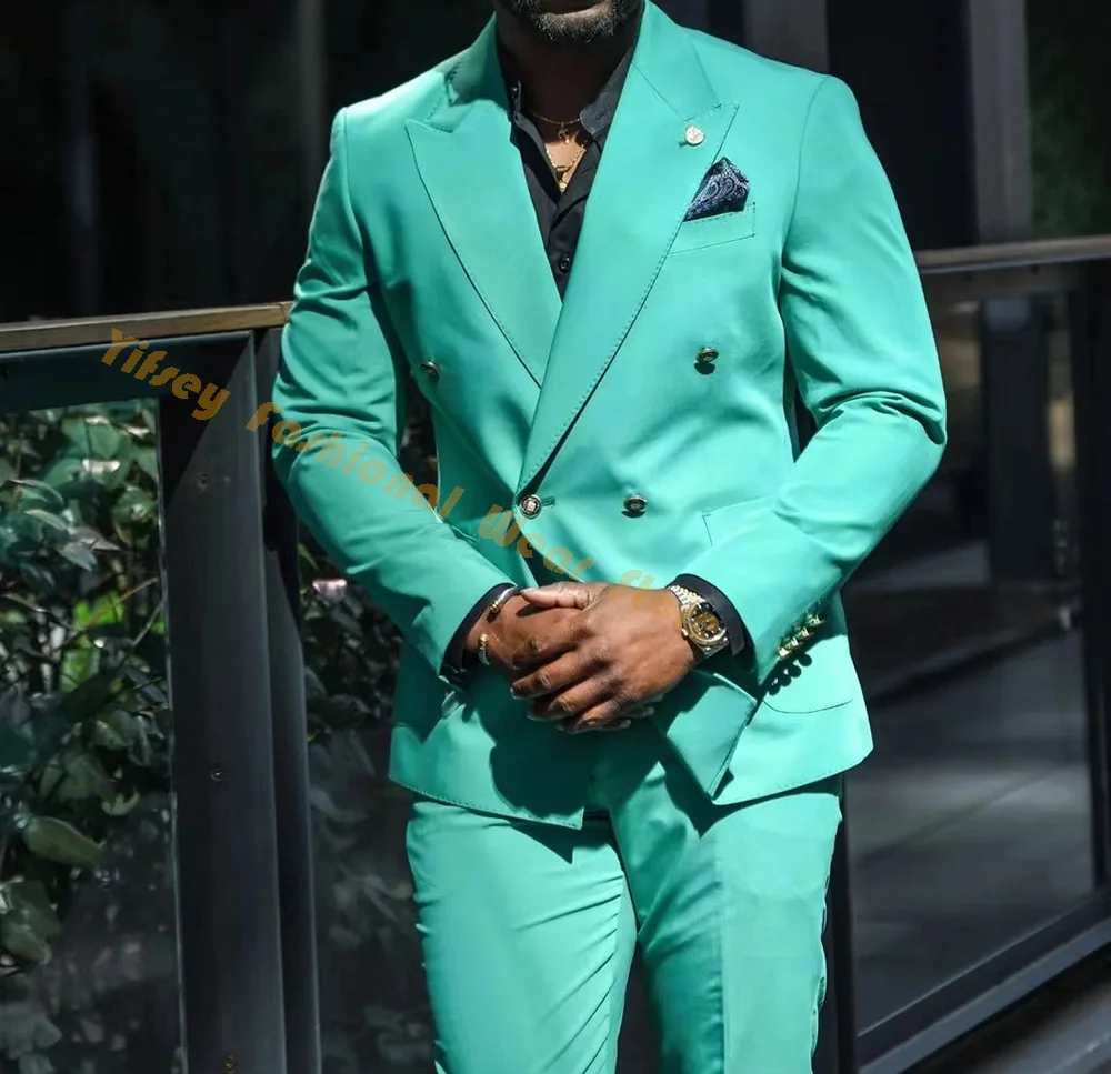 

Mint Green Double Breasted Full Men Suit Elegant Set Wedding Dresses Groom Jacket Pants Slim Fit 2Pc Prom Blazer Trousers Outfit