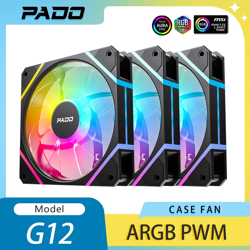 Aigo G12 RGB 선풍기 쿨러 팬, Pado 120mm 4 핀 PWM 컴퓨터 케이스 쿨러, 3 핀 5V Argb 음소거 CPU 쿨러 선풍기