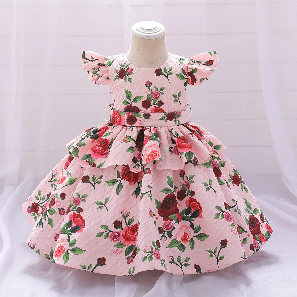 

Girls Cap Sleeves Toddler Newborn Baptism 1st Birthday Dresses Princess Printed Floral Party Children Clothes for 6M-24M