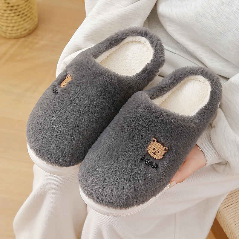Cartoon Embroidery Fluffy Fuzzy Slippers Women Autumn Winter Thick Sole Warm Plush Slides Woman Comfy Non Slip Cotton Slippers