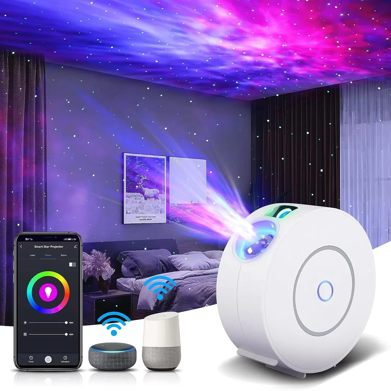 Smart LED starry sky projector light, WiFi starry sky projector light 3D Galaxy, with app/voice control, timer, compatible with