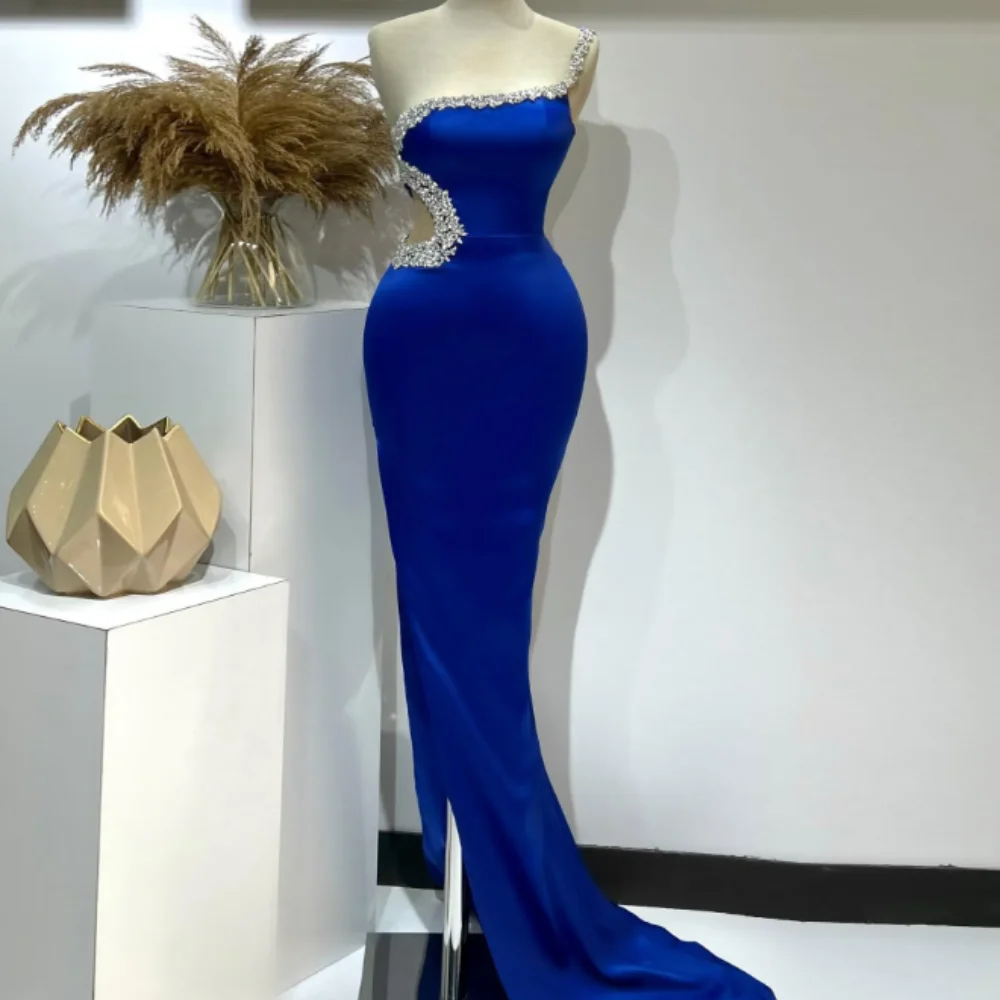 

Sexy Royal Blue Prom Dresses One Shoulder Sleeveless Split Celebrity Party Evening Dress For Women Custom Made Vestido De Fiesta
