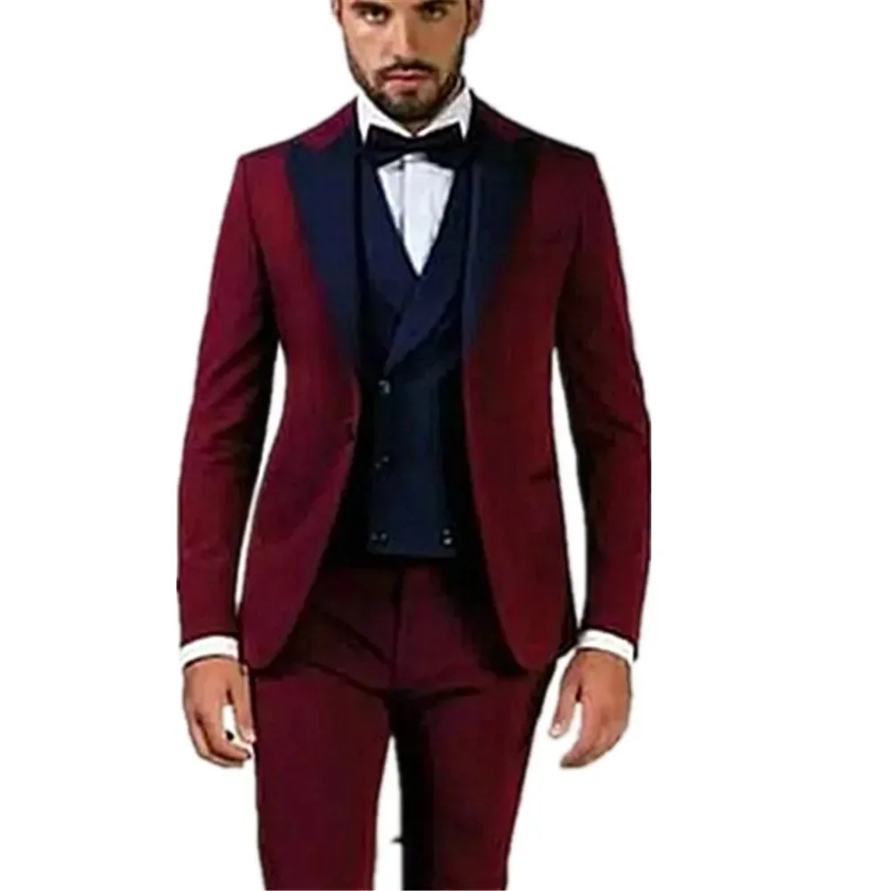 

Burgundy Jacket Pants costume homme mariage smoking groom wedding tuxedo terno masculino fashion men suits Navy blue men vest