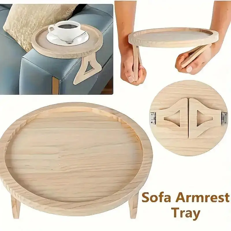 1pc Foldable Sofa Armrest Tray Wooden Round Plate Snack Table, Clip-on Sofa Side Table, Portable Small Spaces Side Table