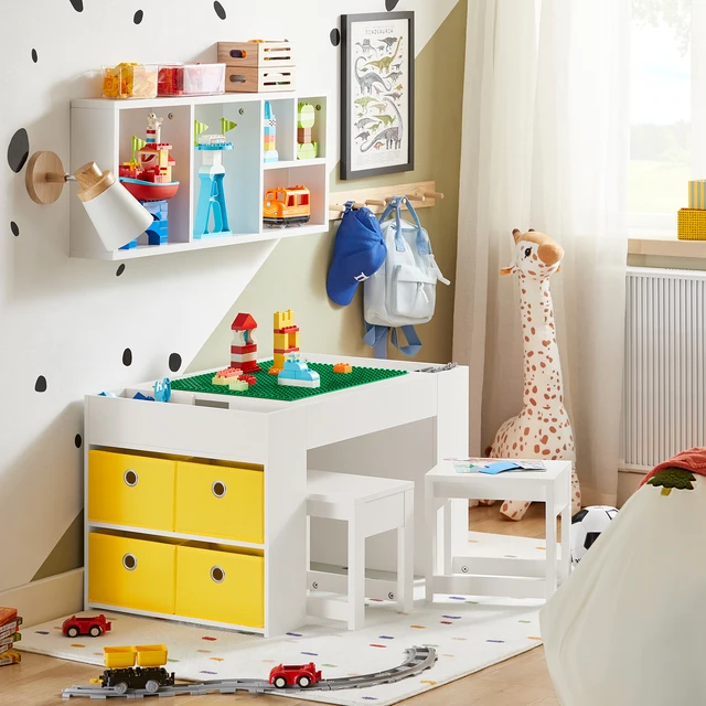 SoBuy KMB75-W Table pour enfants avec 2 chaises, ensemble table et chaise pour enfants, groupe de sièges pour enfants avec rangement, table de jeu, blanc, 87x50x50cm 1