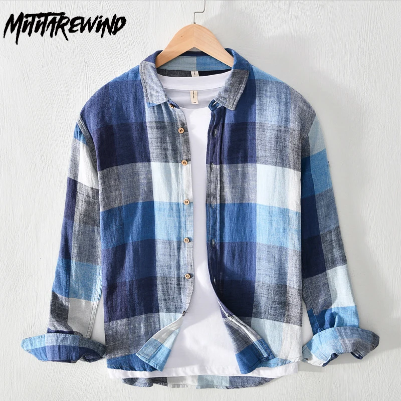 

New Plaid Shirts Man Spring Autumn Daily Causal Long Sleeve Tops Square Collar Cotton Linen Shirt Youth Fashion New in Shirts
