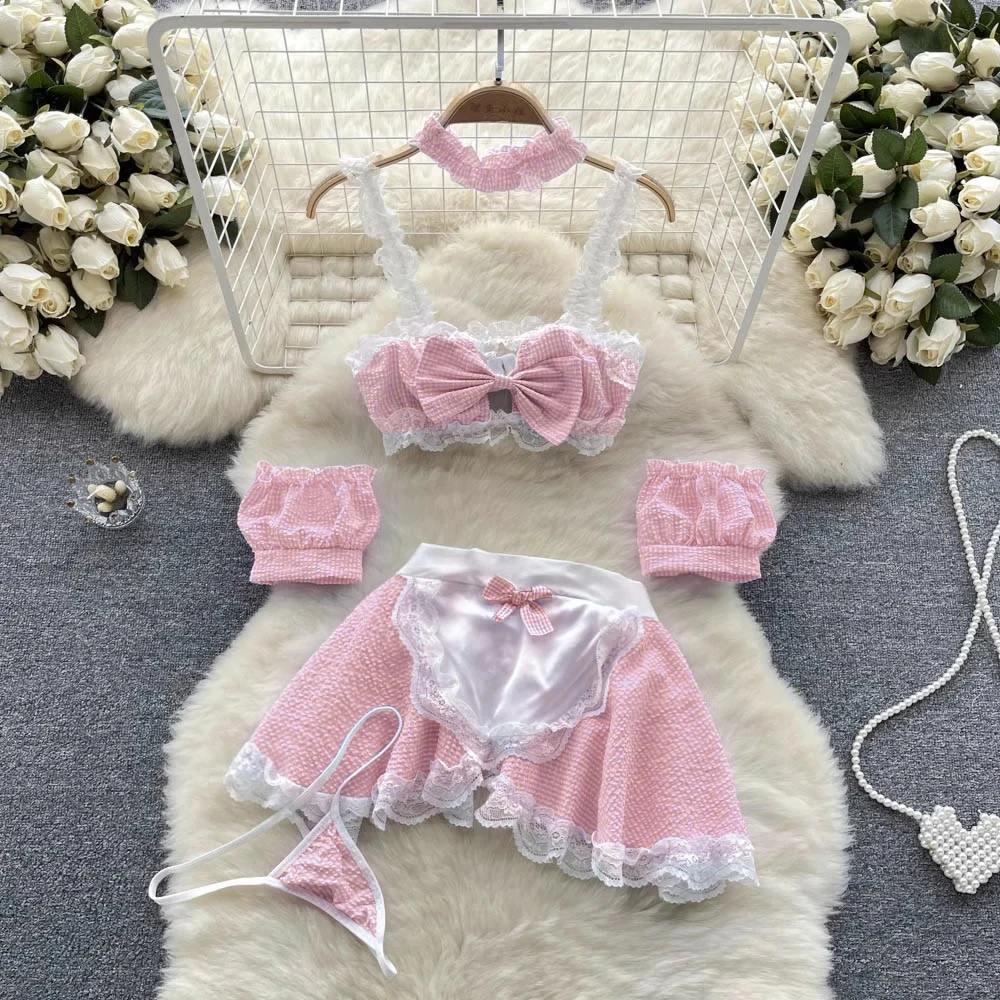 Maidservant Cosplay Erotic Valentine's Day Nightdress Sweet Sexy Dress Suits Halter Hollow Out Porn Nightwear+Thongs