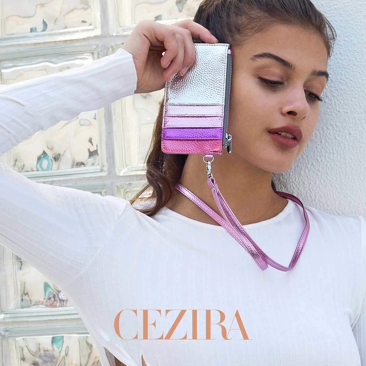 Metallic Rainbow Stripes Small Square Crossbody Bag - PU Vegan Leather with Magnet Flap & Metal Chain