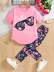 Girls' Summer Cotton Clothing Set - Short Sleeve Top & Pants, Ages 4-7, 2-Piece Outfit, Kids Birthday Gift - 7T(Size 140) (Pink)