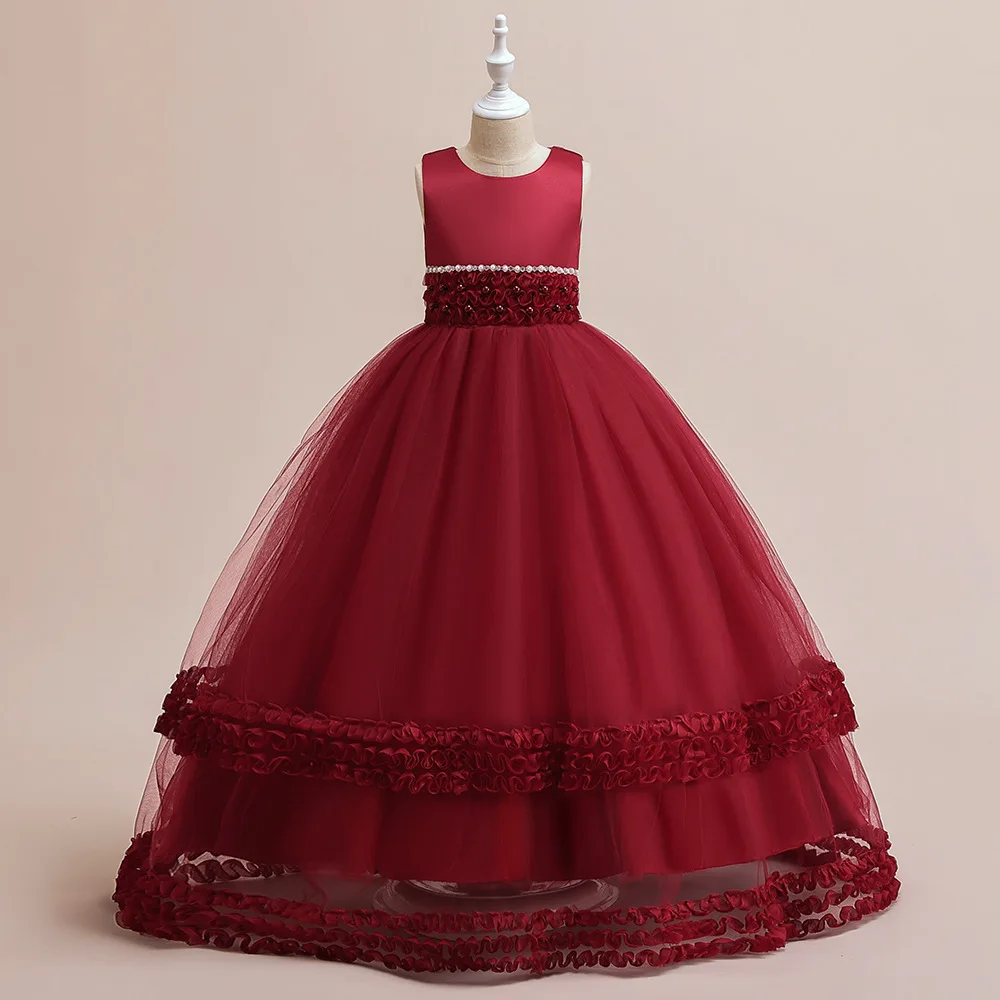 

ClassicTulle Puffy Red Flower Girl Dress For Wedding Pearls Belt Lace Birthday Party Ball Gown First Holy Communion Dresses