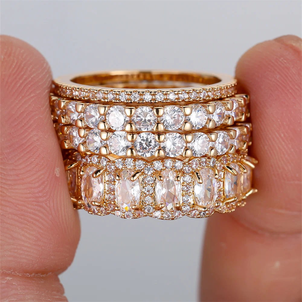 4pcs/Set White Zircon Geometric Stone Ring Sets For Women Vintage Gold Color Engagement Bands Wedding Jewelry Set Versatile Gift