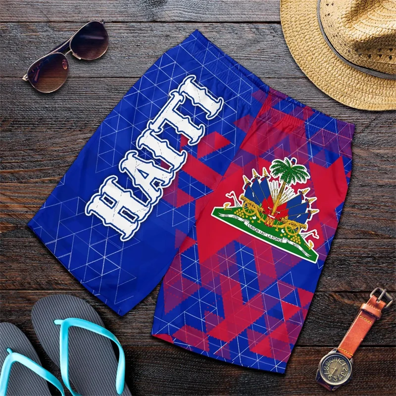 

3d Print Haiti National Emblem Flag Men's Hawaiian Beach Shorts Summer Street Casual Sportswear Gym Trunks Ice Shorts Swimwear