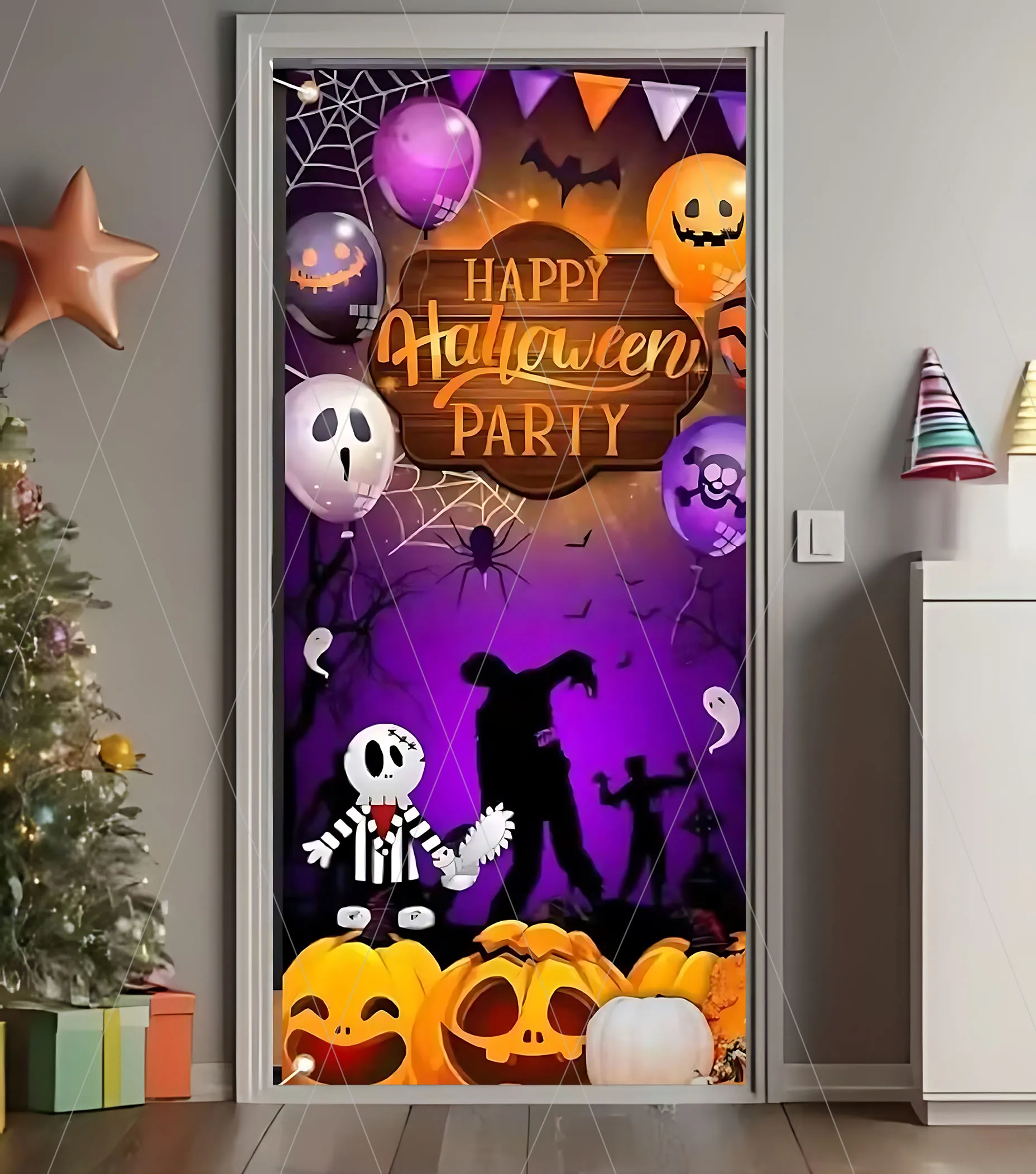 Albtraum Horror Halloween Tür Abdeckung Hintergrund Hexe Kürbis Laterne Party Tag der Toten Cartoon Dekoration Supplie Hintergrund – Detail 12