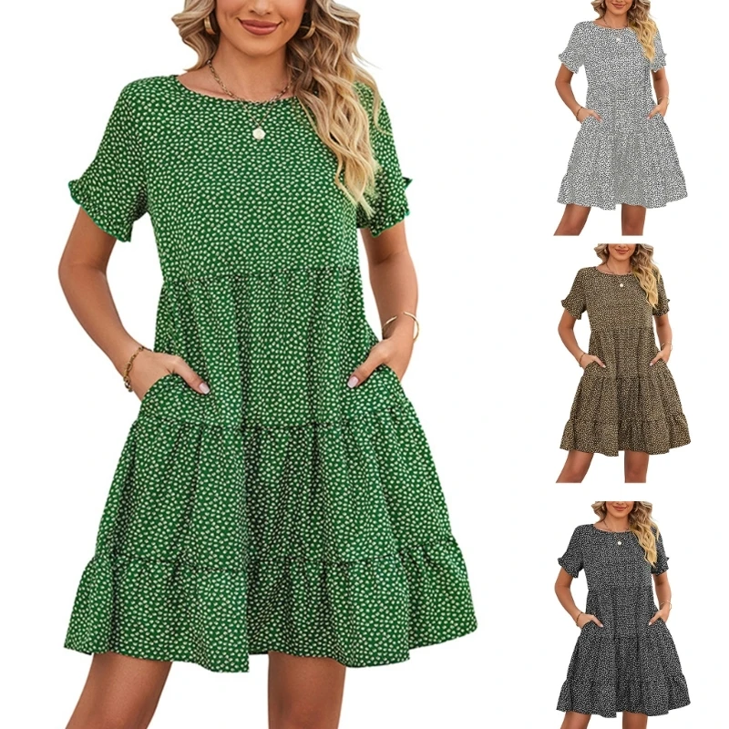

Summer Dress for Women 2023 Short Sleeve Round Neck Ruffle Floral Swing Loose Short Dresses Dropship