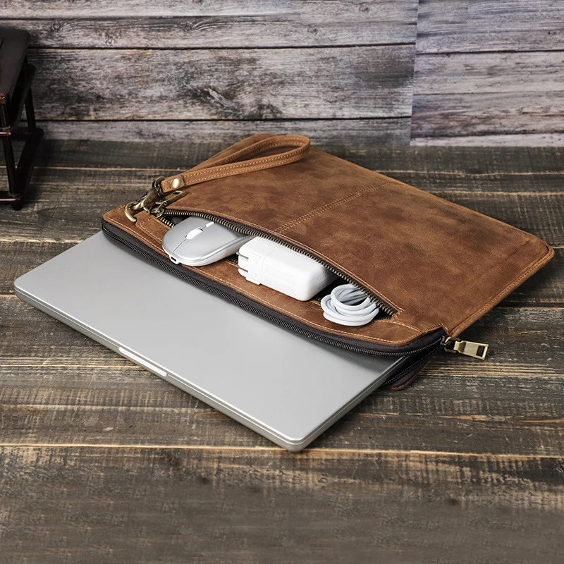 Crazy Horse Leather Laptop Sleeve Case com Zíper Macbook Pro Macbook Air 14.2 Polegada - Imagem 2
