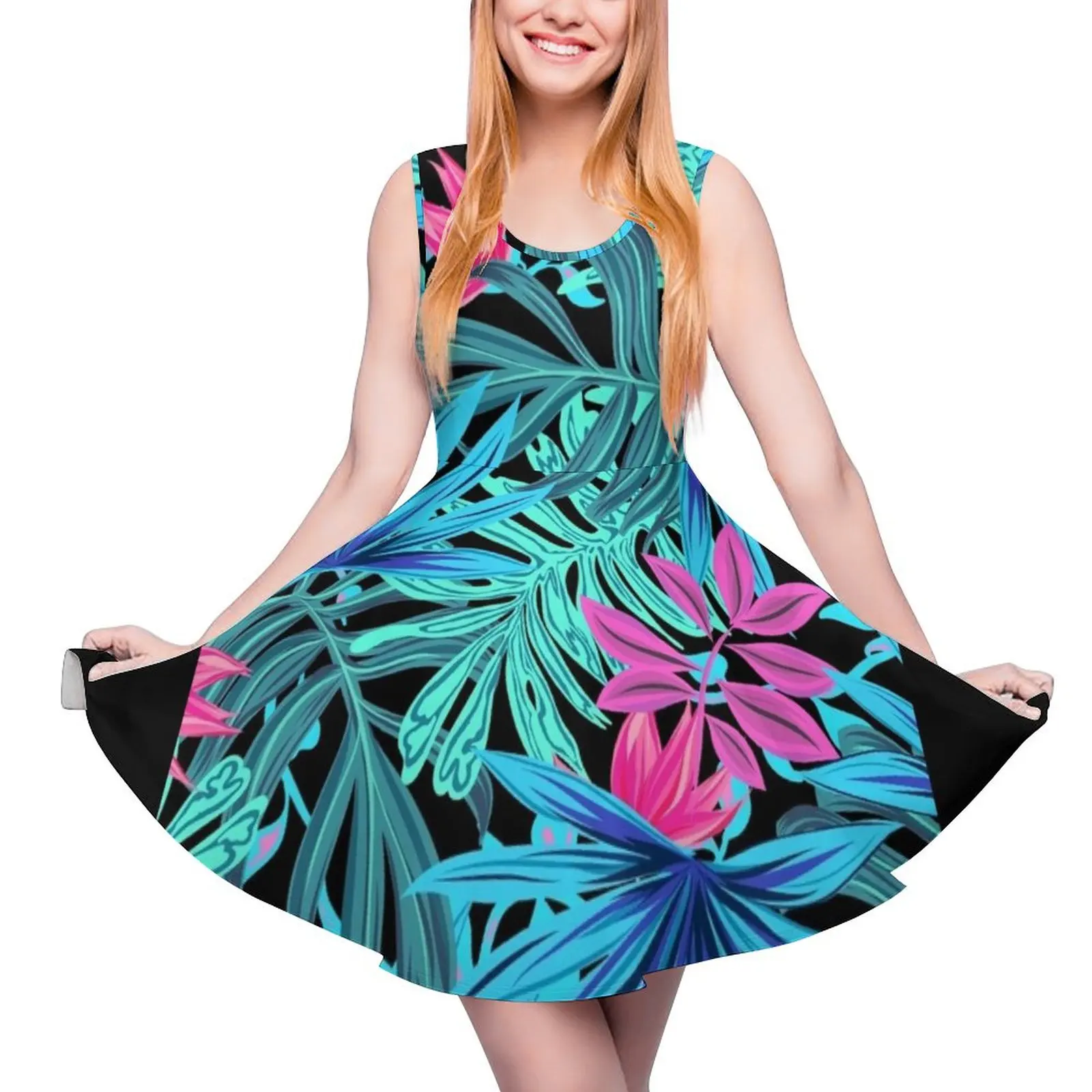 

Женское вечернее платье без рукавов, неоновое длинное платье с тропическим узором листьев, платье в складку для лета