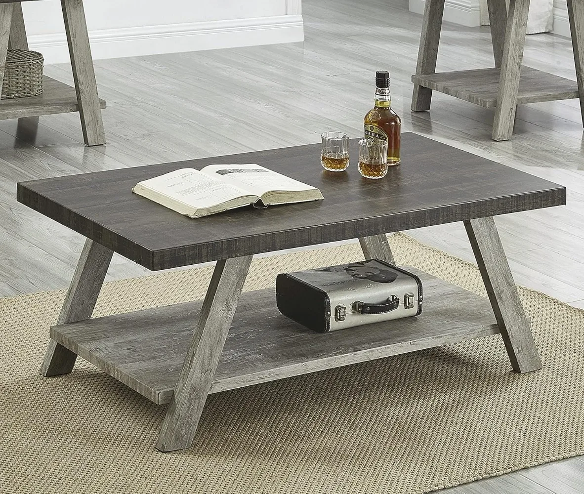 Roundhill Furniture Athens Contemporary 3-Piece Wood Shelf Coffee Table Set, 24D X 48W X 19H in, Walnut and Gray Furniture