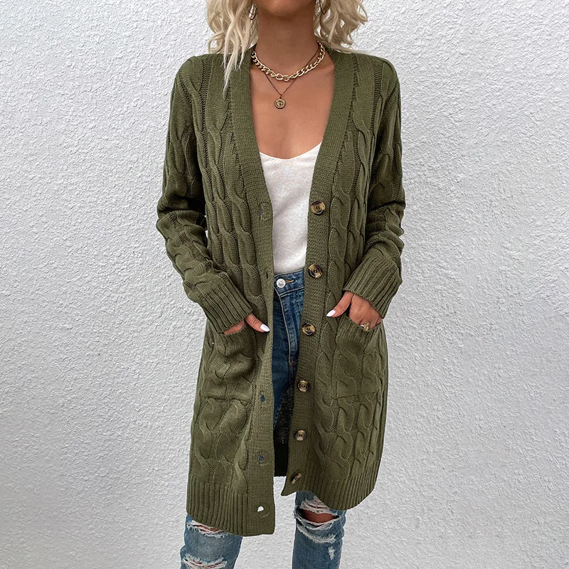 

Knitwear Cardigan Women Autumn Winter 2023 New Button Cardigan Long Cable-Knit Sweater Women