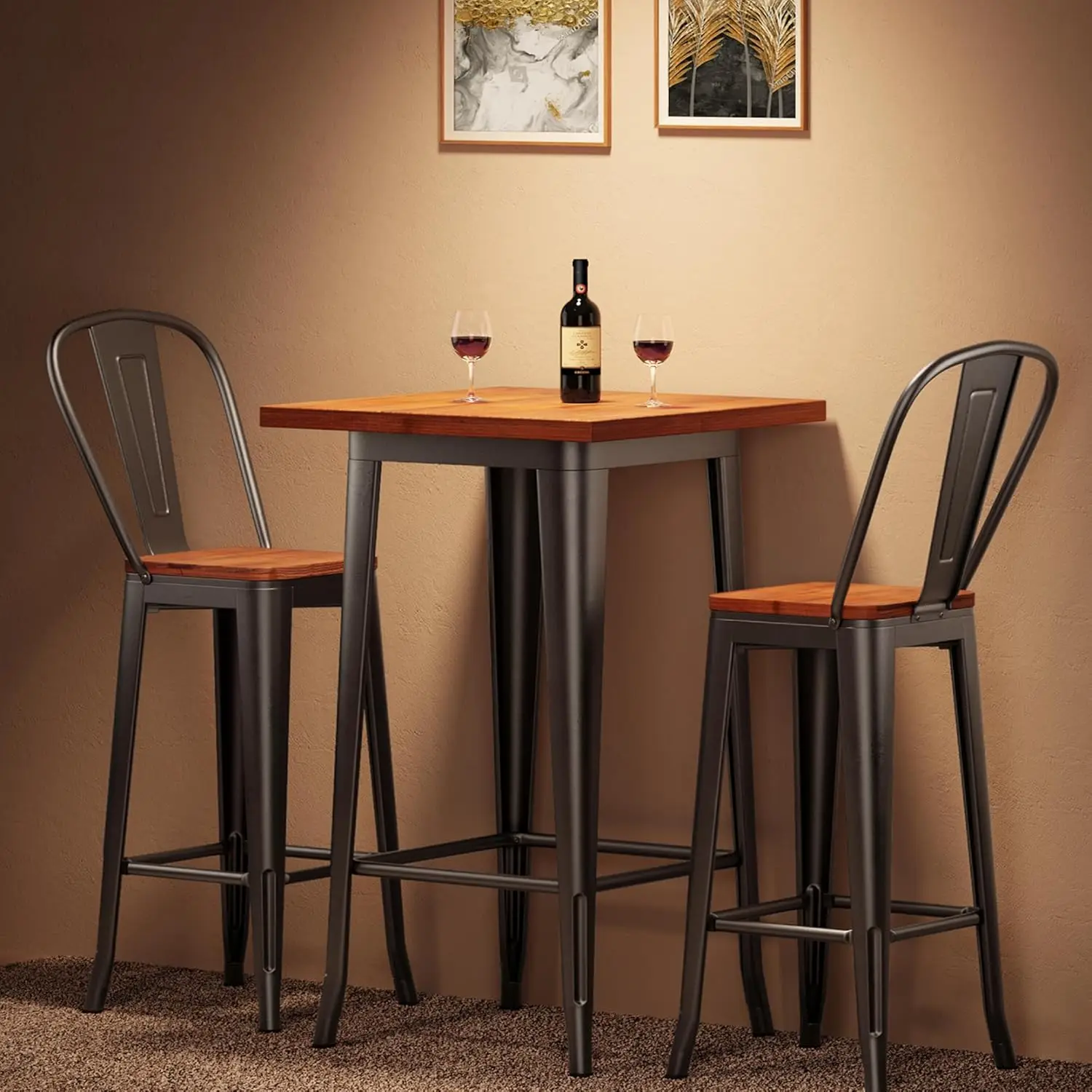 Bar Table and Chairs Set, Pub Table and Chairs Set of 2, with Elm Solid Wood Thickened Metal Frame, for Bar, Small Spac