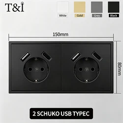 EU Power Socket with Built - in USB - C Fast Charging and Light Switch - Flush Mount Black Plate - 2 Schuko USB TypeC (Black)