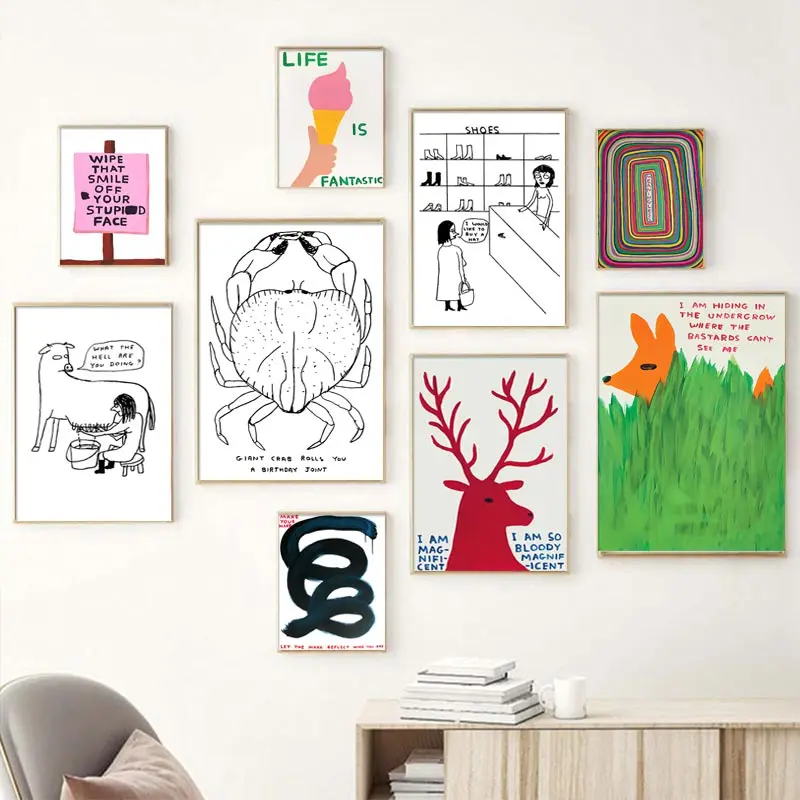 David Shrigley – affiche murale avec dessin de tigre, crabe, crème glacée, chat, impression nordique, peinture sur toile, photos murales, décor de