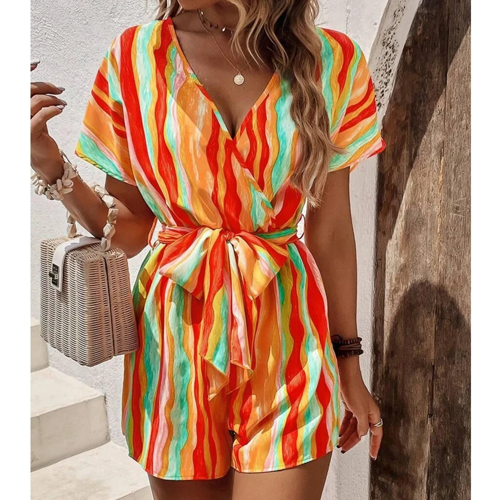 

Y2K Stripe Rompers Playsuits Summer Casual Colored V-neck Jumpsuit Women Short Sleeve Loose Jumpsuits Straight Pants