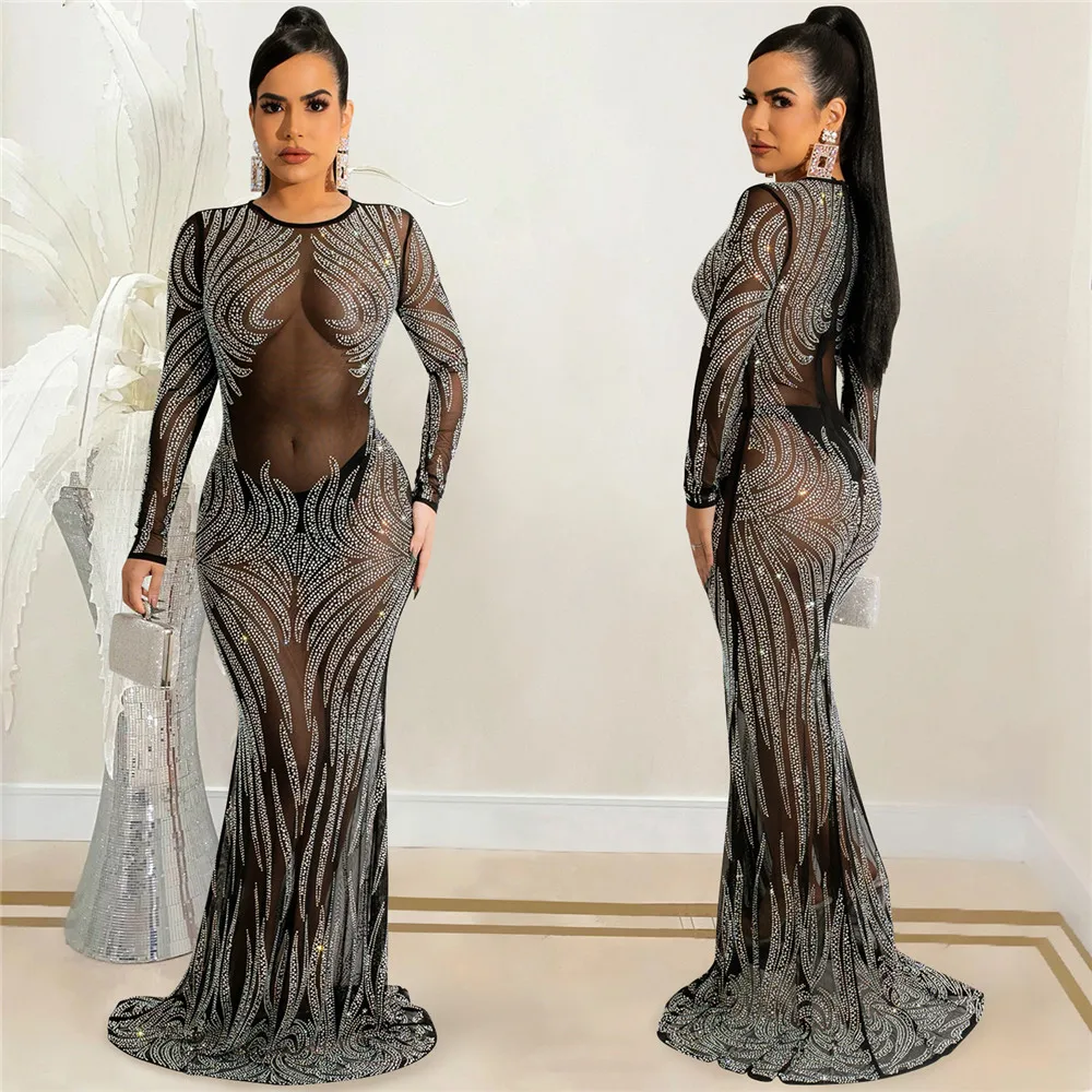 Pregnant Hot Fix Crystals Sexy Maternity Photography Dresses Stretchy Mesh Pregnancy Photo Shooting Long Dress Full Sleeve Gowns