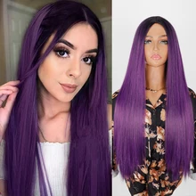  Linghang Long Straight Synthetic Black Wig Mixed Brown and Blonde Long Wig For Black Women Middle Part Nature Wig Lolita Cosplay 