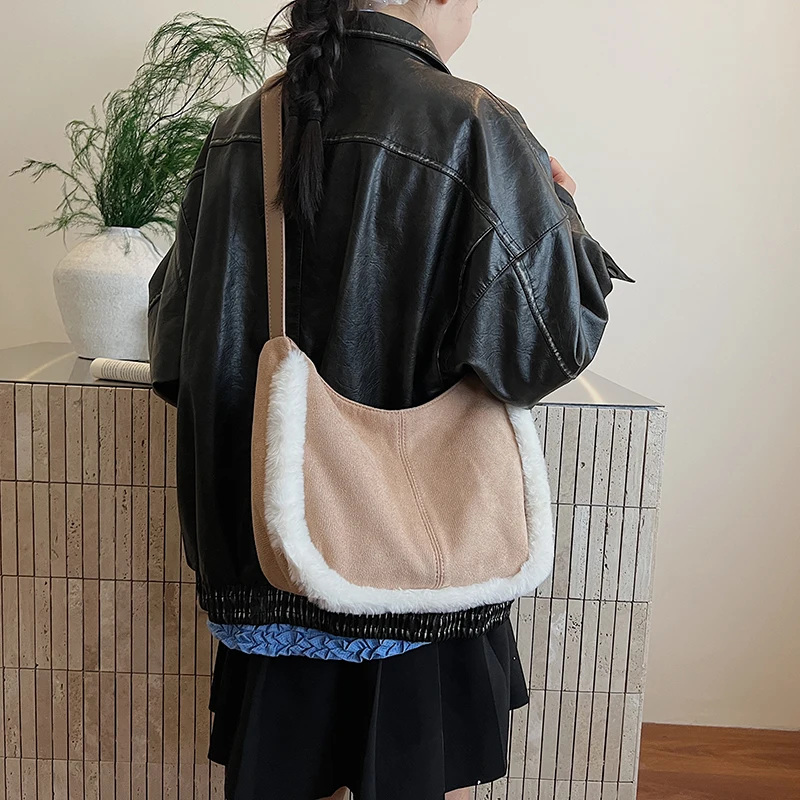Women Gilrs Faux Suede Single Shoulder Crossbody Bags Plush Crossbody Shoulder Bag for School Work Shopping Travel Daily Use