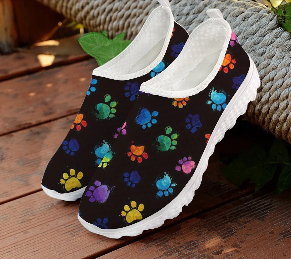 Mesh Women Casual Shoes Rainbow Color Dog Paw Pattern Printing Breathable Flats Female Slip On Sneakers Sapato Lady