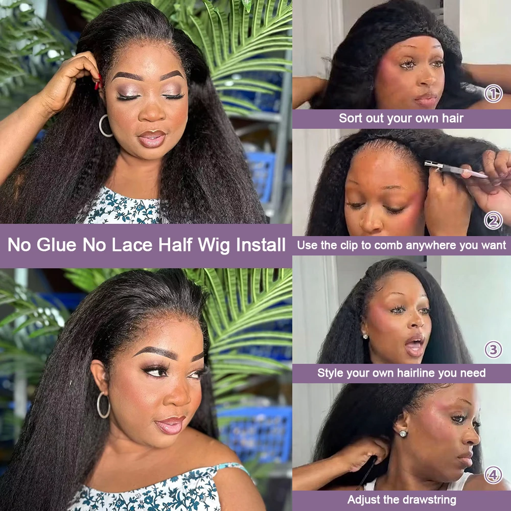 Perruque mi-tête 3-en-1 en cheveux humains vietnamiens, texture Kinky Straight 250%, sans colle, prête à porter, à porter en deux sens