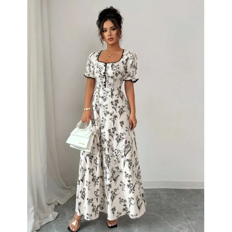 Elegante Abito Lungo da Sera con Stampa Floreale per Donna, Nuovo Stile Francese 2026, Maniche Corte a Sbuffo, Bordo con Volant, Vita Sottile - immagine 5