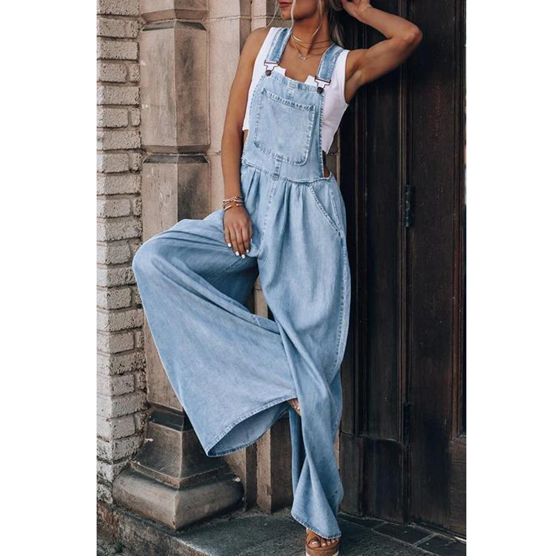  - Women's Denim Overalls Casual Trend Summer Sleeveless Loose Flared Pants 2023 Fashion Street Retro Ladies Jeans Jumpsuit