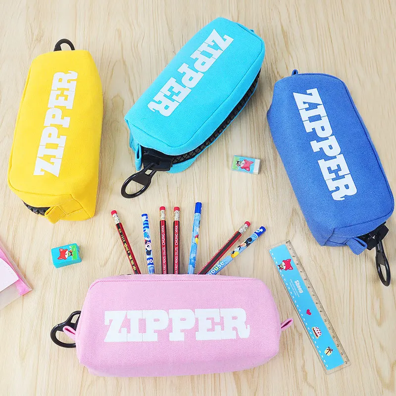 Big Zipper Pencil Bag Canvas Zip School Pen Pencil Case Stationery