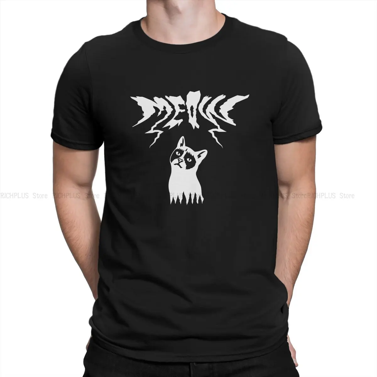

Meow Cat Men Polyester TShirt Heavy Black Metal O Neck Short Sleeve T Shirt Funny Gift Idea