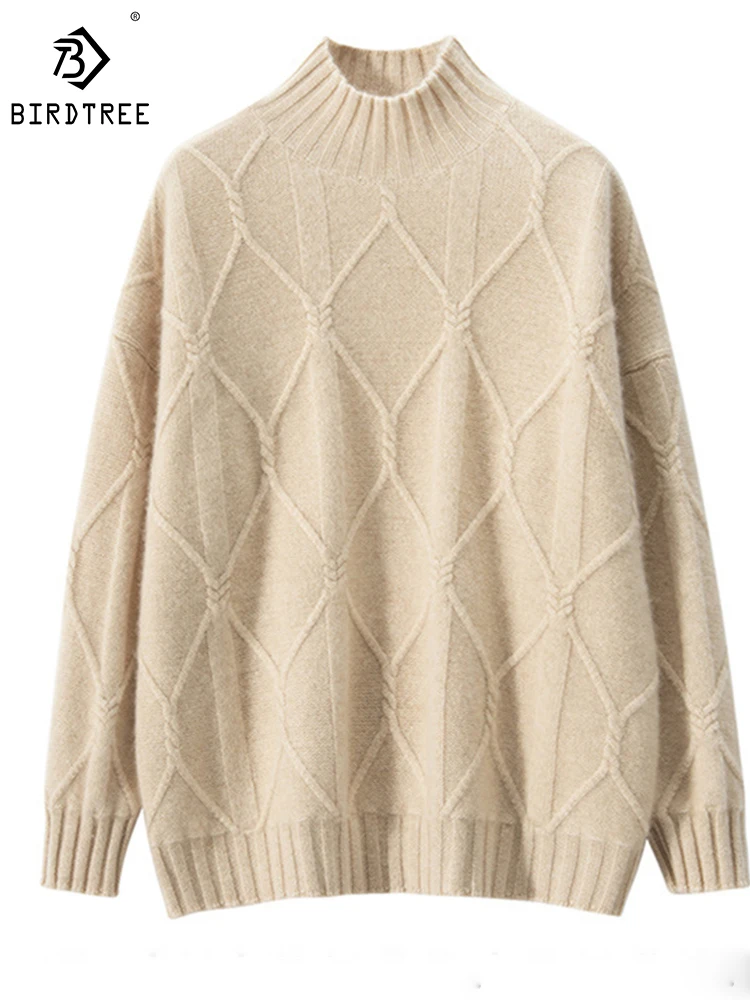 

Birdtree 35% кашемир 65% шерсть свитер женский Зимний новый женский полувысокий вырез тонкий длинный рукав пуловер Повседневный вязанный T38073QD